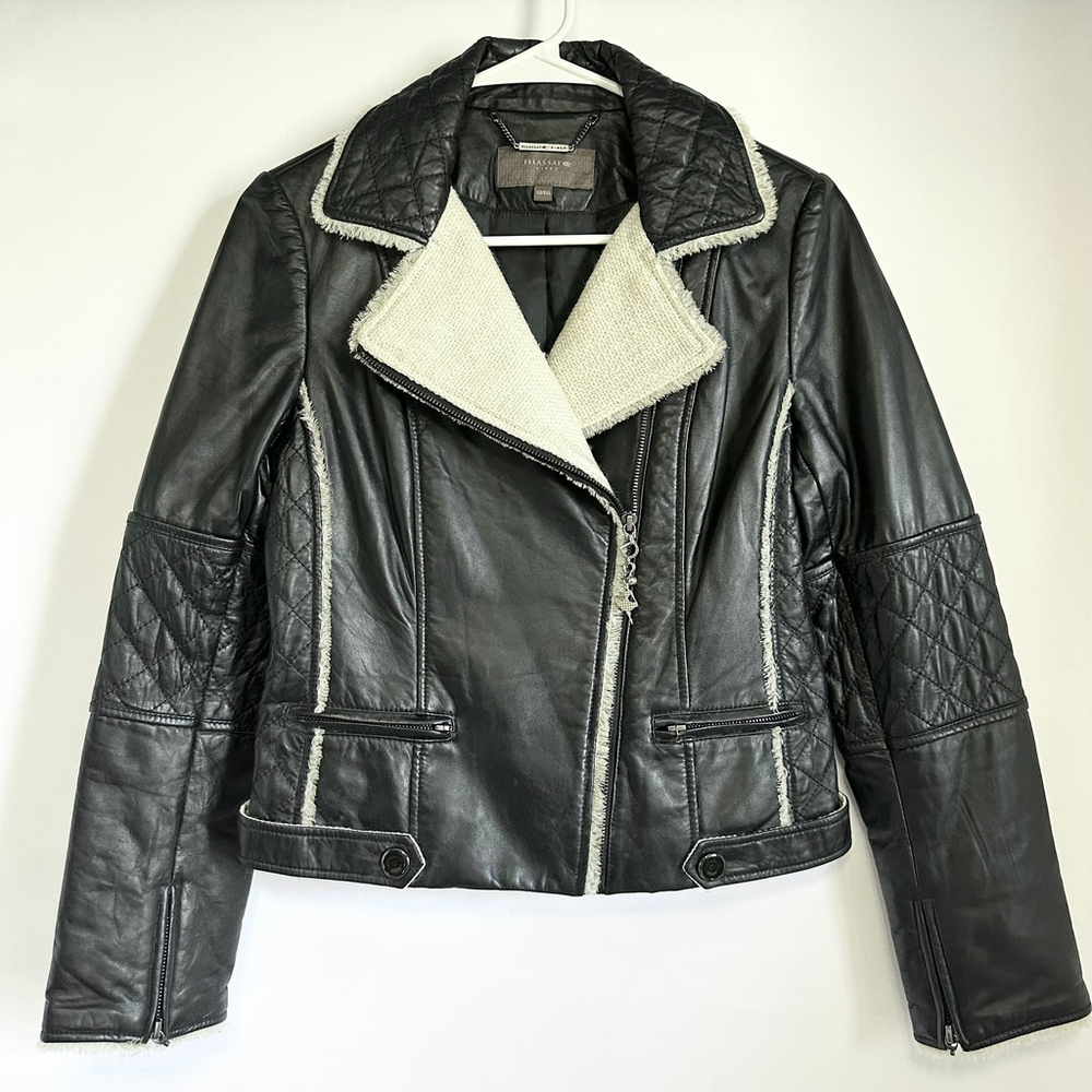 ELLASSAY FIRST Lambskin Leather Tweed BLACK Quilted MOTO Biker JACKET WOMENS M
